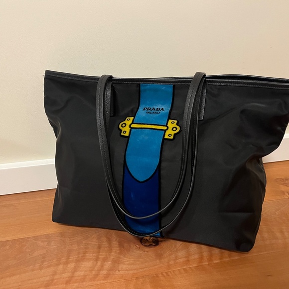 Prada Black & Velvet Nylon Tessuto Ricamo Tote Bag, Blue Stripe - Picture 2 of 5
